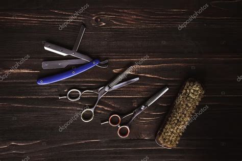 Vintage barber shop tools on wood background — Stock Photo © StaceStock ...