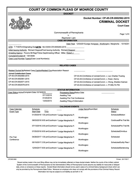 Form Cpcms 9082 - Criminal Docket - Court Of Common Pleas Of Monroe County printable pdf download