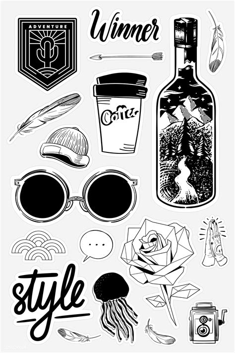 Set of black and white sticker doodle vector | premium image by ...