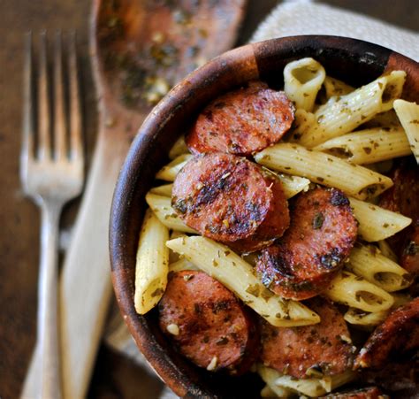 Grilled Kielbasa and Pesto Penne