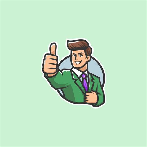 Retro businessman cartoon mascot illustration. Man in business suit giving a thumbs up pose ...