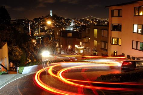 Lombard Street at night stock image. Image of wide, lens - 4464505