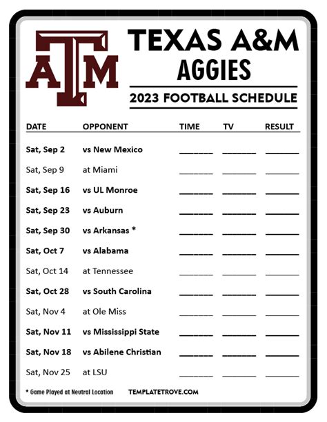 Printable 2023 Texas A&M Aggies Football Schedule