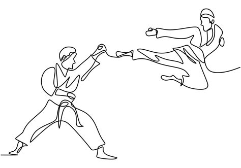 One single continuous line drawing of Taekwondo and Karate training. Two senior men practice ...