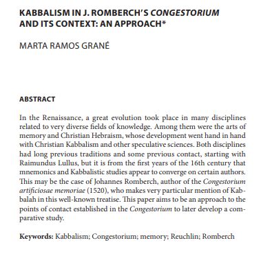 “Kabbalism and Ars memoriae: I. Romberch’s Congestorium” - Artificiosa Memoria