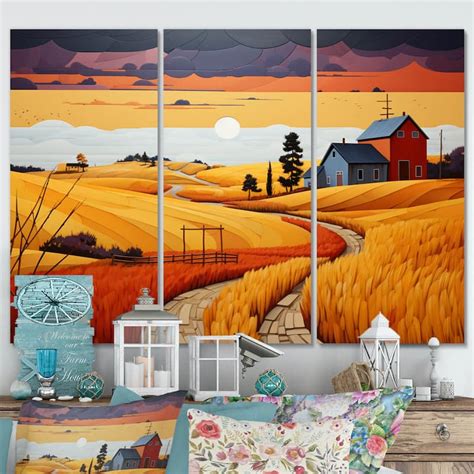 Designart "Yellow Barn Minimalsim Landscape II" Farmhouse Wall Decor Set - Bed Bath & Beyond ...