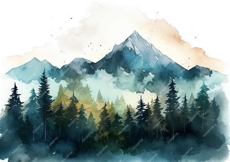 Premium Photo | A watercolor painting of a mountain landscape with a ...