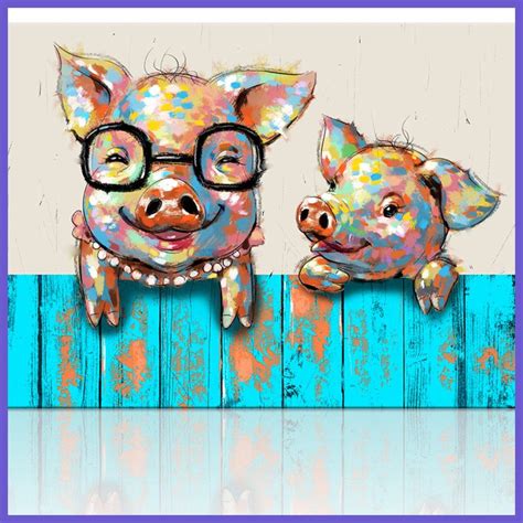 Decor Cartoon Animal Canvas Wall Art Funky Pigs Digital Painting Prints W Frame - Pig Décor # ...