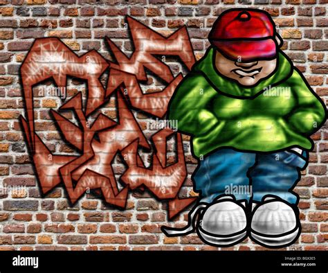 Illustration of graffiti art on an old brick wall Stock Photo - Alamy