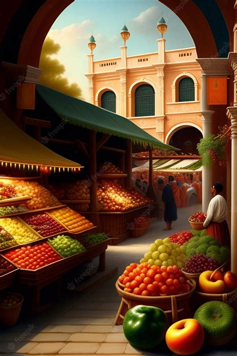 Premium Photo | A painting of a market with a man in a white shirt and ...