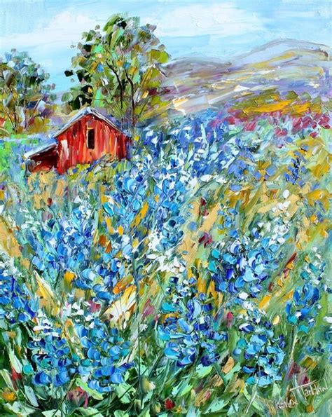 Original oil painting TEXAS BLUEBONNET LANDSCAPE palette knife