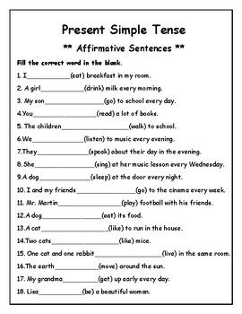 Present Simple Tense : Affirmative Sentence Worksheet No.1 | TPT