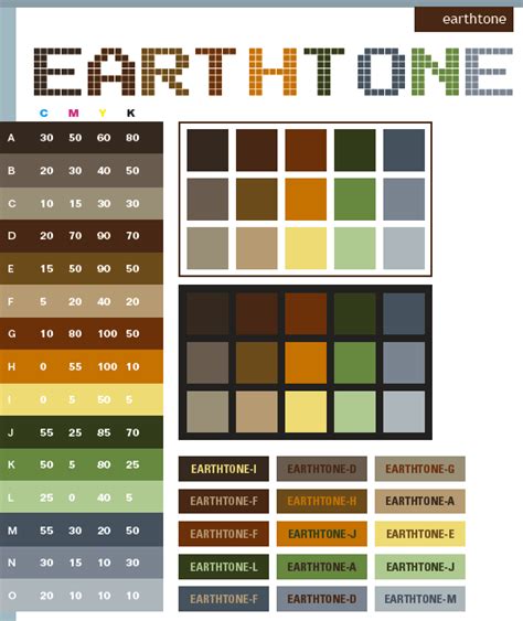 Earth tone color schemes, color combinations, color palettes for print (CMYK) and Web (RGB + HTML)