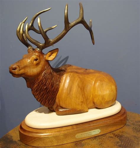 hunkered down elk mixed media black walnut wood carving and bronze sculpture artist, j. meredith ...