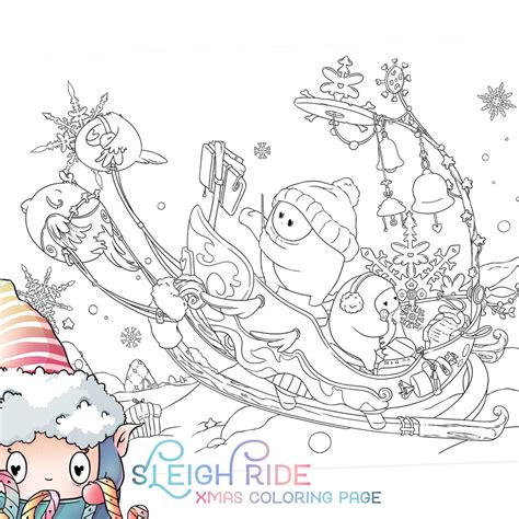 Christmas Coloring Page / Sleigh Ride Cute Winter Adult Coloring Page Kawaii Santa Birds Doodle ...