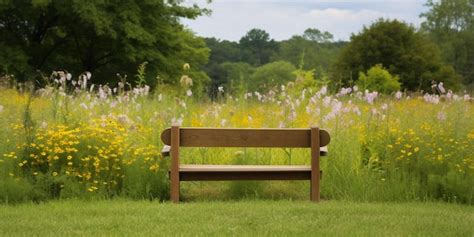 Premium AI Image | A wooden bench in a field of flowers with a sign that says'park bench