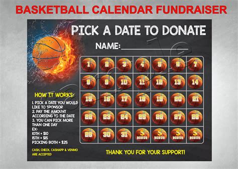 Basketball Calendar Fundraiser, Pick Date to Donate Printable, Basketball Fundraiser Template ...