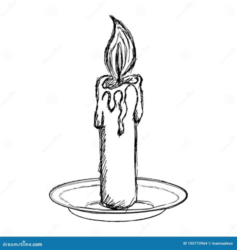 Rough Lineart Freehand Drawing Of A Burning Candle On A Plate. Black And White Outline Vector ...