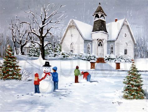 Folk Art Print Winter Original Country Church Children Making Snowman, Primitive Art, Startown ...