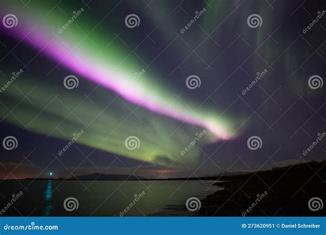 Bright Pink Aurora Borealis Over Ocen, Grotta Lighthouse Iceland Stock Image - Image of night ...