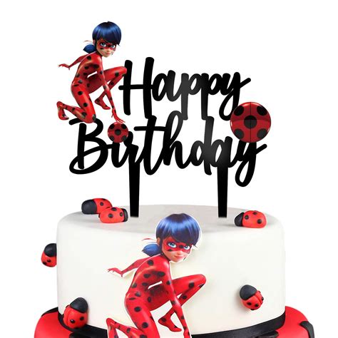 Buy LYNHEVA Black Acrylic Miraculous Ladybug Happy Birthday Cake Topper ...