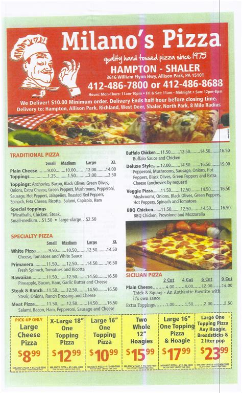 Menu at Milano's Pizza pizzeria, Hampton Township, William Flinn Hwy