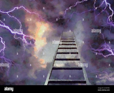 Surreal painting. Stairway to Heaven. Clouds and lightnings Stock Photo ...