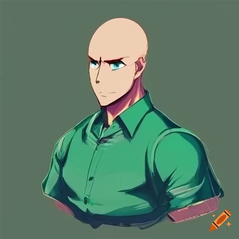 Anime man with green shirt and bald head