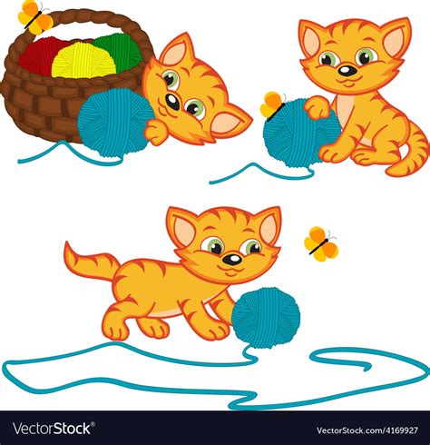 Kitten playing with balls of yarn Royalty Free Vector Image