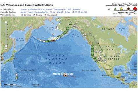 Interactive map of volcanoes and current volcanic activity alerts in the United States ...