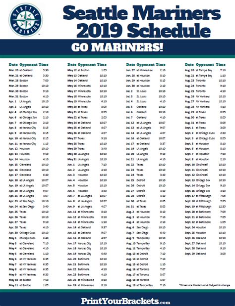 Printable 2019 Seattle Mariners Schedule | Seattle mariners, Mariners ...