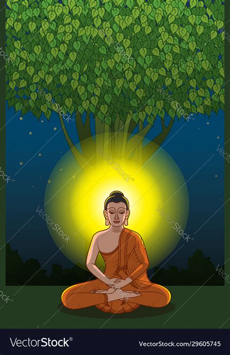 Buddha sit on ground under bodhi tree at midnight Vector Image