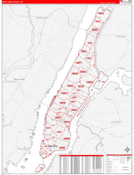 New York County, NY Zip Code Wall Map Red Line Style by MarketMAPS - MapSales