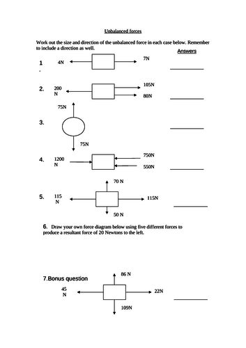 Resultant Unbalanced Force Worksheet | Teaching Resources