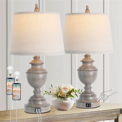 Gray Table Lamps for Bedroom Set of 2 with USB Port, Vintage 3-Way ...