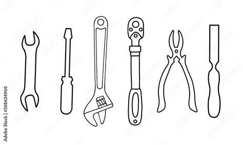 Set of 6 flat and simple icons of tools drawing with black lines on ...