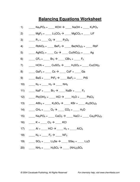 Balancing Equations Practice with answer key - © 2004 Cavalcade Publishing, All Rights Reserved ...