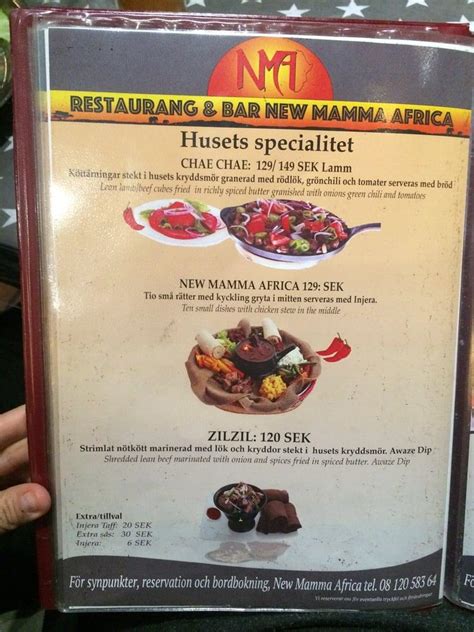 Menu at Mama Africa restaurant, Sollentuna