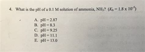 Solved 4. What is the pH of a 0.1 M solution of ammonia, | Chegg.com