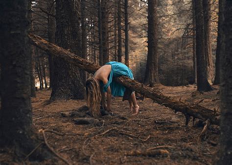 Online crop | HD wallpaper: woman in blue sleeveless dress hanging on fallen tree, fantasy art ...