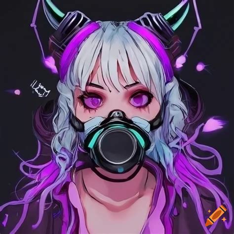 Purple cyberpunk waifu with devil horns and gas mask on Craiyon