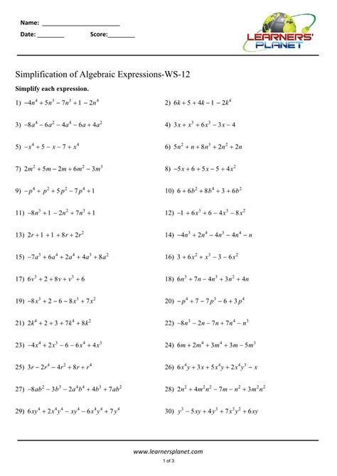 LINK Simplifying Algebraic Expressions Worksheets Year 7