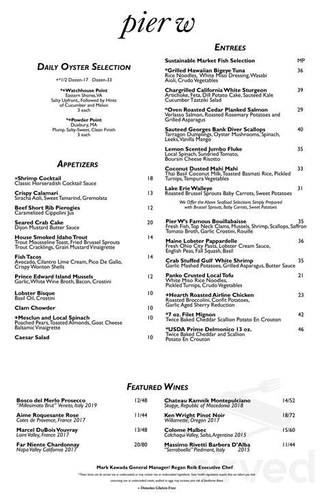 Pier W menu in Lakewood, Ohio, USA