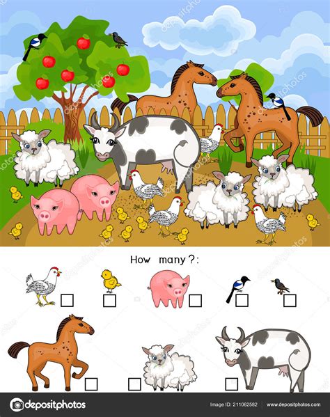 How Many Animals Counting Educational Game Different Farm Animals Preschool Stock Vector Image ...