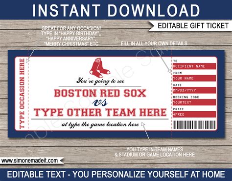 Boston Red Sox Game Ticket Gift Voucher | Printable Surprise Baseball ...