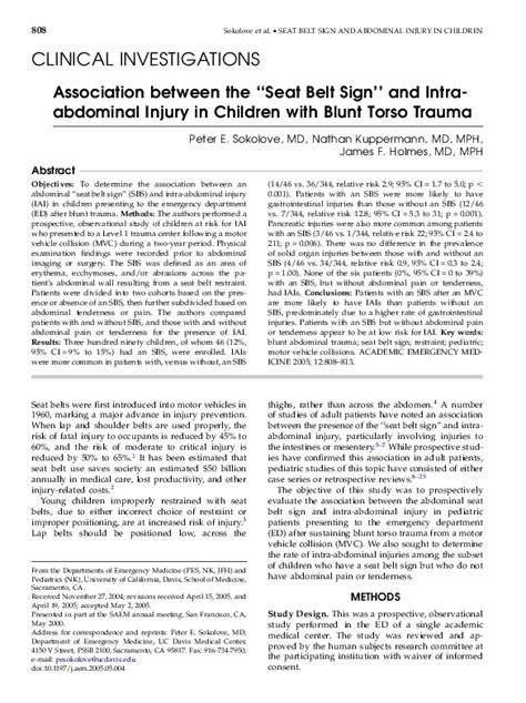 (PDF) Association between the "Seat Belt Sign" and Intra-abdominal Injury in Children with Blunt ...