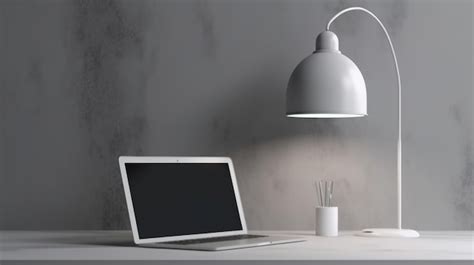 Premium AI Image | A laptop on a desk with a lamp above it.