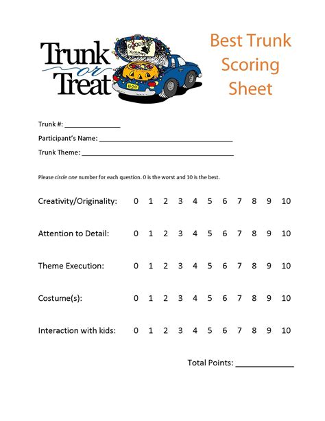 Trunk or Treat Scoring Sheet. Can be used for Best Trunk Judging