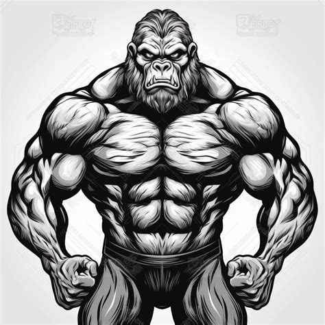 A human like gorilla with skinny muscle with body building pose, black n white clip art ...