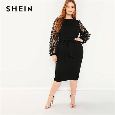 SHEIN Women Plus Size Elegant Black Pencil Dress With Applique Mesh ...